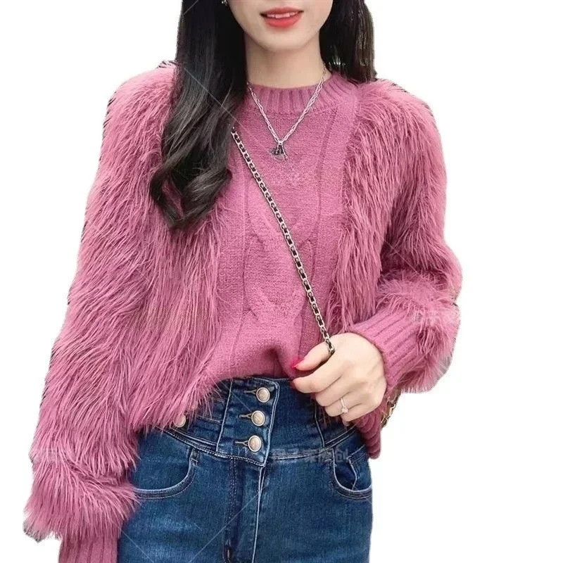 Long Sleeve Mid-Length Knitwear Autumn Winter New Arrival Elegant Commu Fashionable Patchwork Plush Sweater Women's Loose Fit