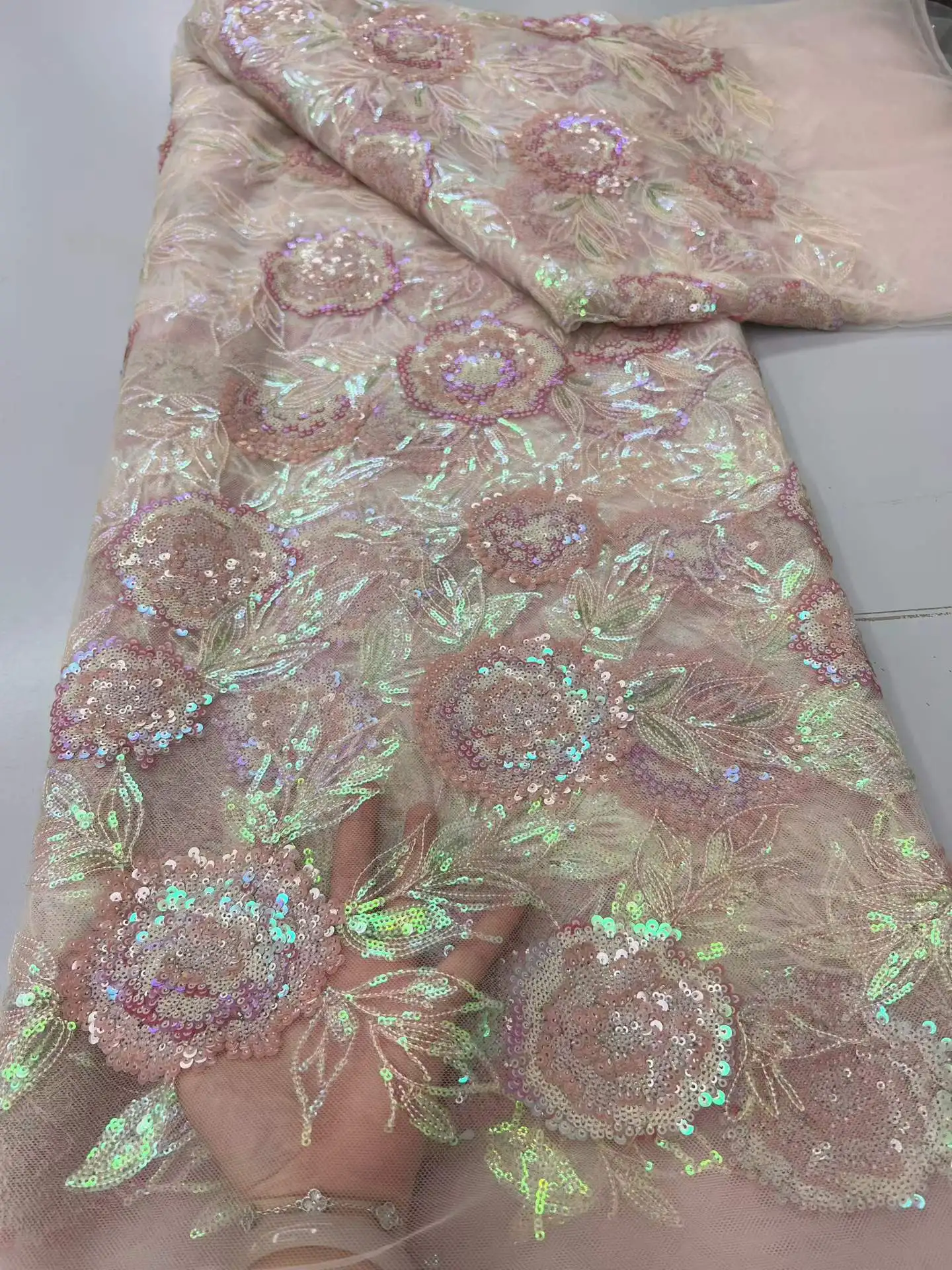 

New Design Pink Luxury African Nigerian Tulle Fabric 2026 High Quality French Sequins Embroidery Lace Fabric For Wedding Sewing