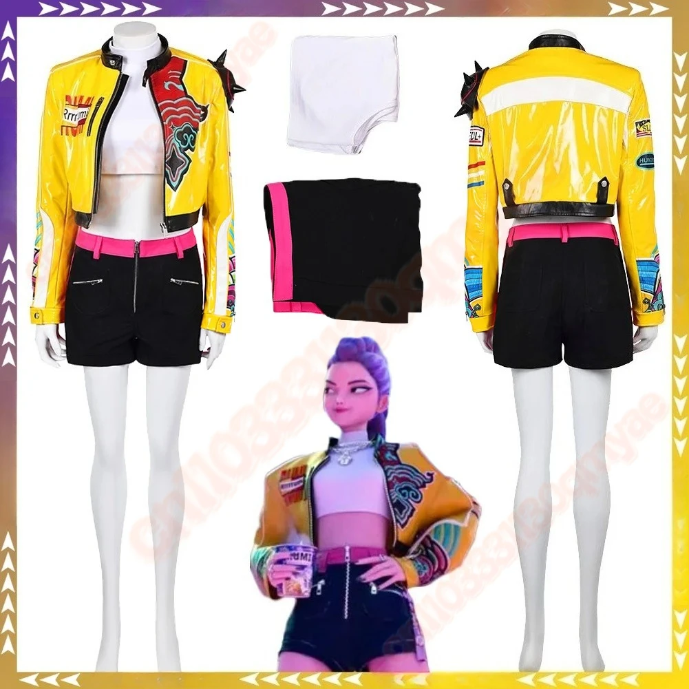 

Rumi KPop Demon Hunter Adult Women's Cosplay Costume Yellow Fantasy Roleplay Outfit Cartoon Singing Suit Disguise