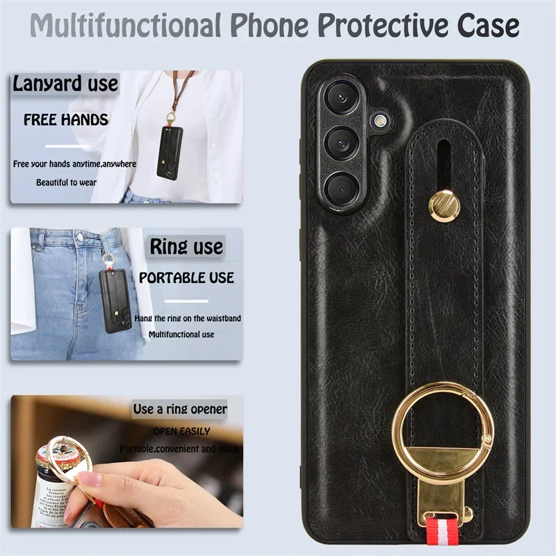 

For Samsung Galaxy M55 F55 C55 M35 M15 F15 5G Case Shockproof Wristband Ring Bracket Back Cover Protective Leather Phone Case