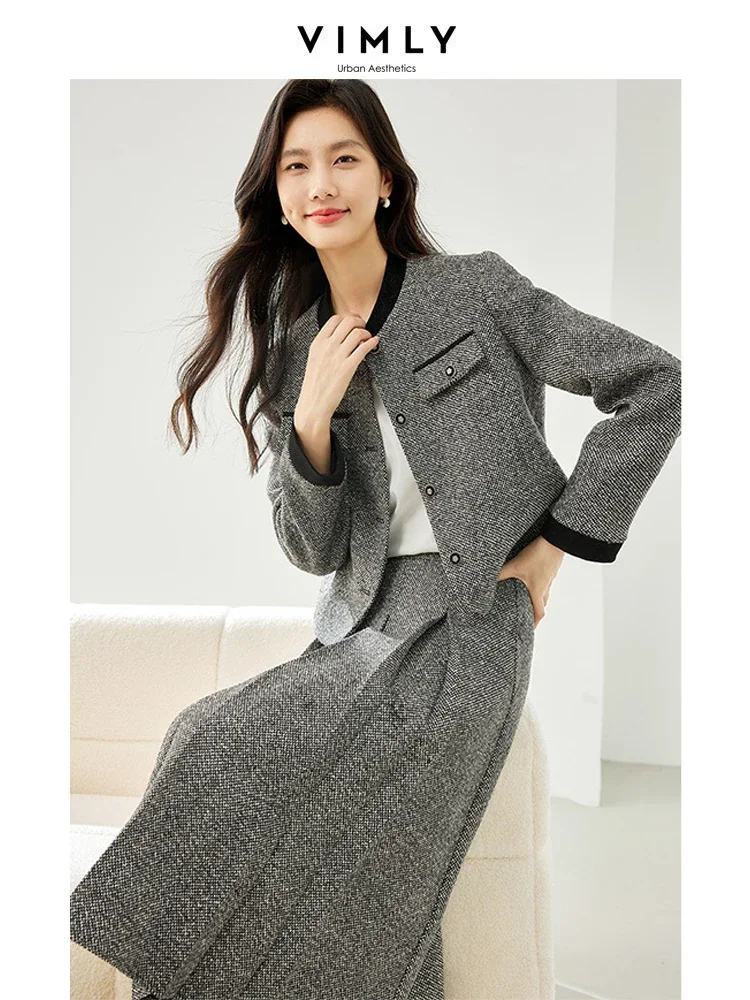 Vimly Elegant Tweed Suit Two Piece Sets for Women 2023 Winter Women\'s Outfits Cropped Jackets Elastic Waist Pleated Skirts M3539