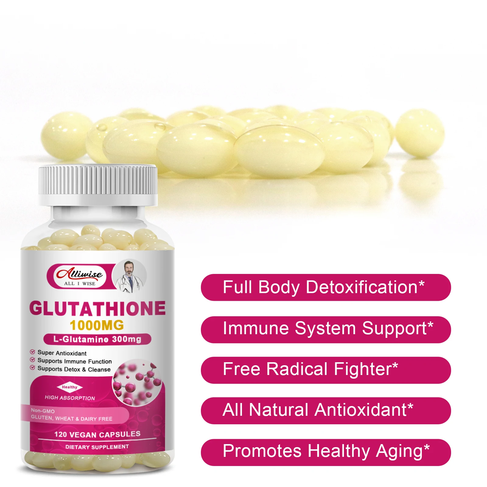 Alliwise Quality Glutathione Supplements - Supports Recycling of Vitamins C & E  Non-GMO - Gluten Free Vegan