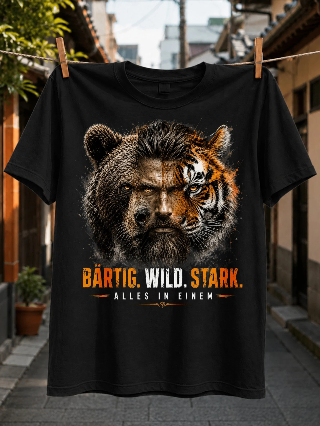 German Bartig Wild Stark Alles in Einem Bearded Man Bear and Tiger Fusion Portrait Realistic Grunge  Unisex All T-Shirt