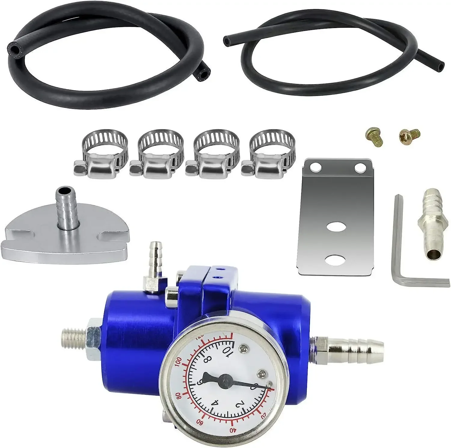 Regulator Tekanan Bahan Bakar Universal Aluminium yang Dapat Disesuaikan + Kit Pengukur + Fitting Hitam Biru Merah Perak