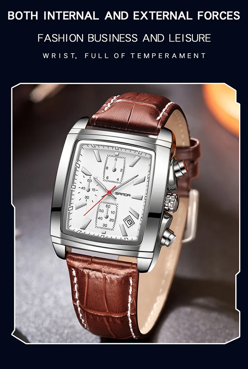 SANDA 5303 Rectangular Dial New Design Soft Leather Strap Waterproof Quartz Movement Business Watches for Men Relogios Masculino
