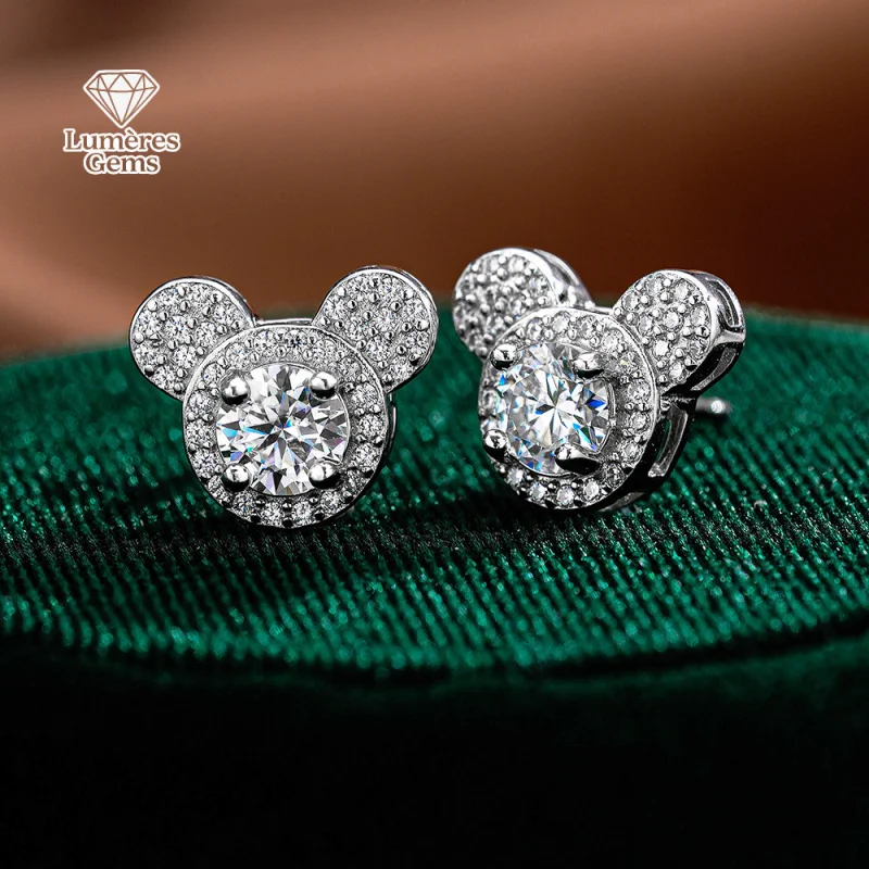 LumièRe Gems 18K Gold / 950 Platinum Panda And Mouse Appearance Beaded Crystal Earrings, Suitable For Sensitive Ears To Wear