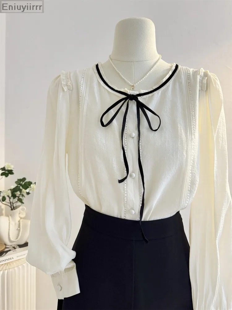 Volant da donna Carino Papillon Top Stile Preppy Vintage Coreano giapponese Design Bottone Elegante volant formale Camicie bianche Camicette