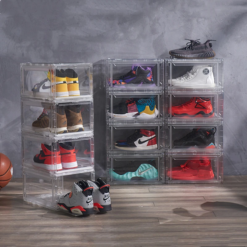 Fashion Shoe Box Magnetic Suction High Light Transmission Transparent Basketball Shoe Box Foldable Sneaker Storage Box Shoe Rack