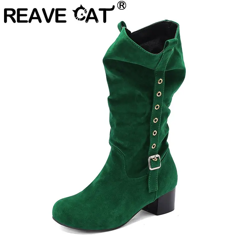 

REAVE CAT Leisure Women Mid Calf Boots Round Toe 4.5cm Chunky Heel Slip On Pleated Belt Buckle Winter Extended Sizes 48-49