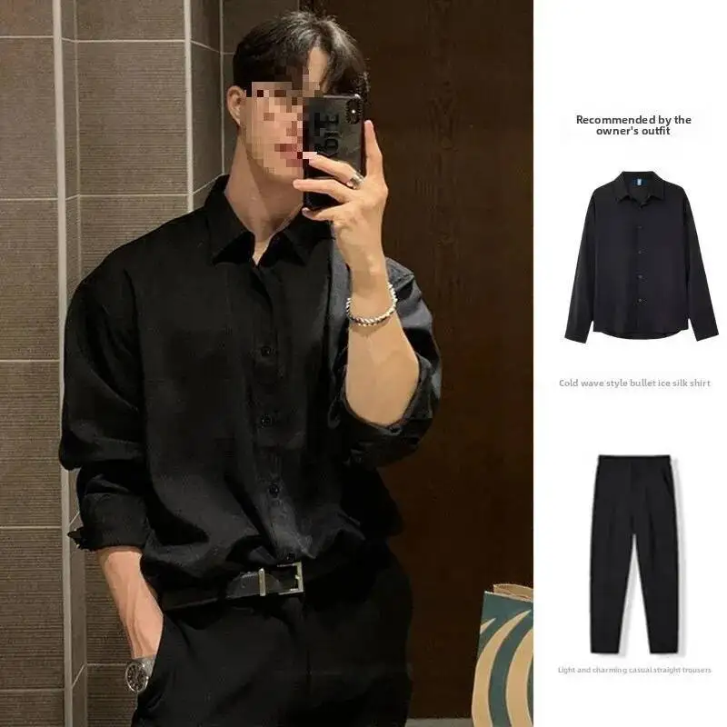 

Black Long Sleeve Men's Draped Style Spring Autumn Fashionable Casual Top Inner Wear Shirt Square Collar