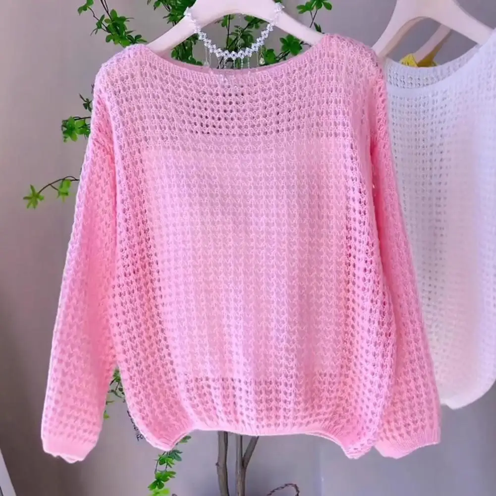 

Women Solid Hollow Knitted Pullover Chic Long Sleeved Round Neck Loose Thin Sweaters Lady Casual 2026 New Spring Daily Knitwear