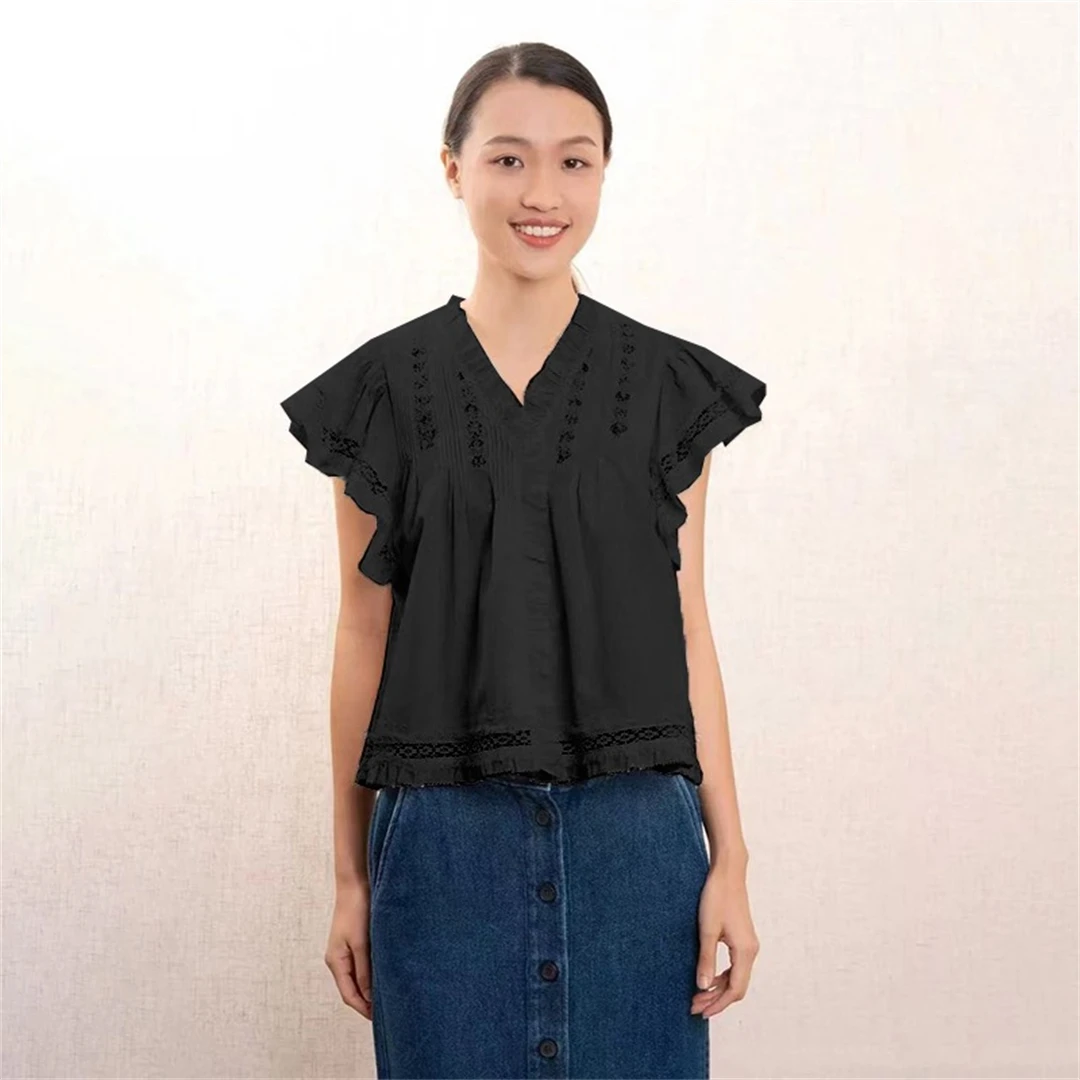

Classic New York Se Shirt Cotton Embroidered Short Sleeve Fly Sleeve Classic Style Women's French Style Loose Fit V-neck Top