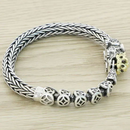 Precision pure silver handmade woven Pixiu bracelet, men's trendy retro ethnic style jewelry, Thai silver money bracelet