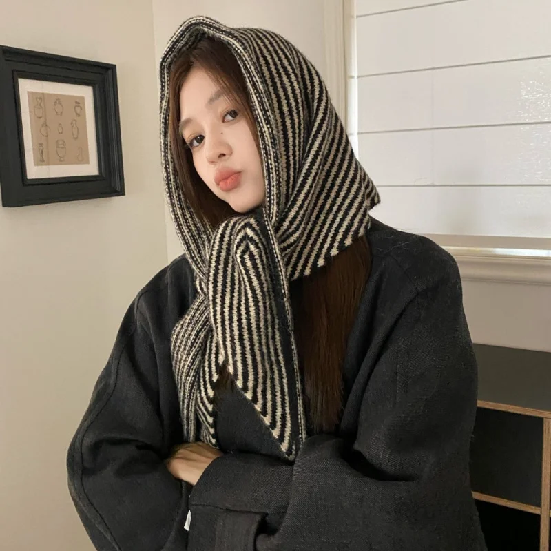 

Корейский модный шерстяной треугольный шарф, шаль для женщин, осенне-зимний теплый вязаный полосатый шарф-шаль