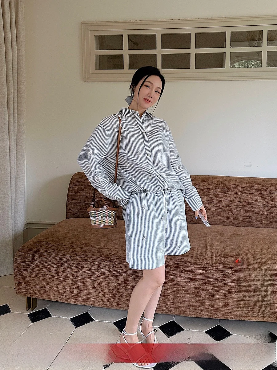

Brand Embroidered Striped irt orts Set High Waist Loose Fit Korean Sle Cotton Linen Blend Spring Collection