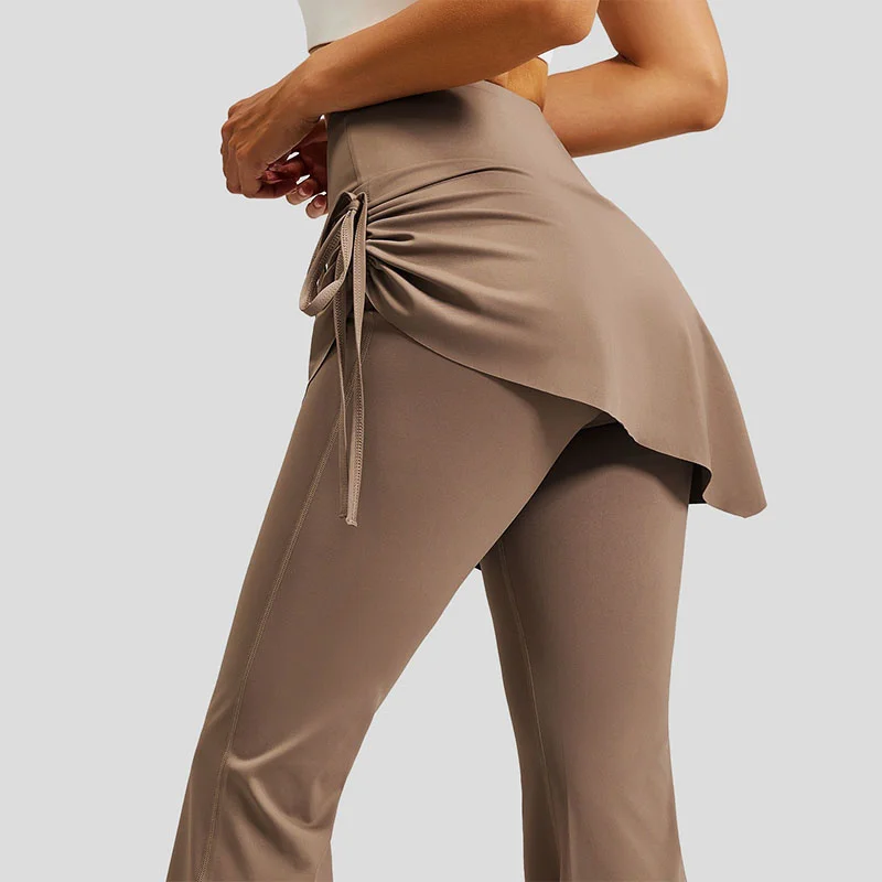 PofyBofy Drawstring Side Fitness Soft Flared Sports Pants High Waist Tummy Control Bell Bottom Yoga Leggings Gym Skirted Legging