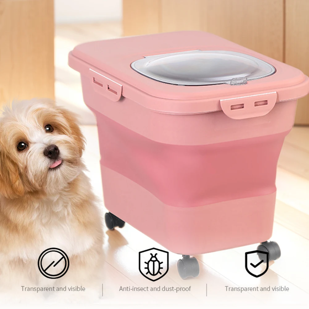 Collapsible Dry Cat Food Box 20-30LB Foldable Cat Food Bucket Large Capacity Flour Multigrain Rice Barrel Box with Lid & Wheels