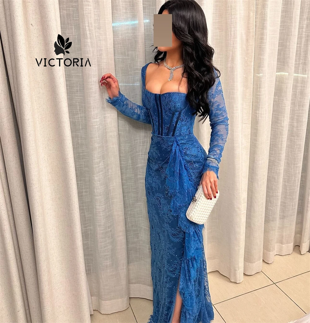 

Evening Elegant Vintage Sweet Blue Lace Pearls Mermaid Sexy Customize Formal Occasion Prom Dress Evening Party Gowns Customized