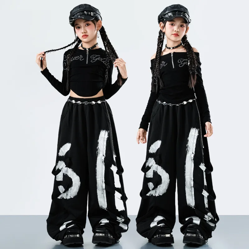 

Kid Jazz Dance Clothes Girl Kpop Performance Stage Outfit Black Crop Top Hip Hop Dance Pants Fashion Street Dancewear VDL5237