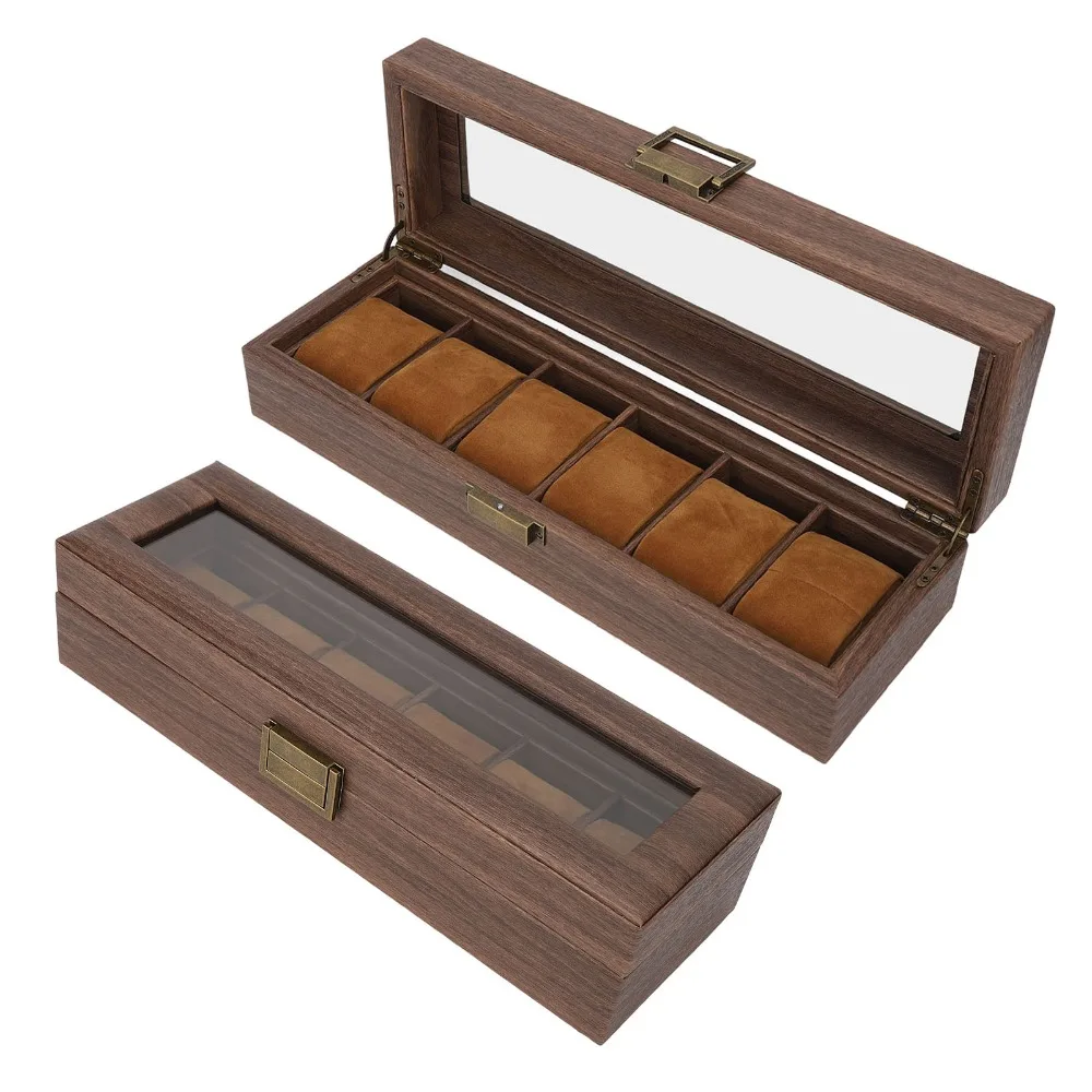 Walnut Color 6 Slots Walnut Grain Watch Display Box PU Leather, Flannel, Acrylic, Metal Chinese Style Watch Collection Box