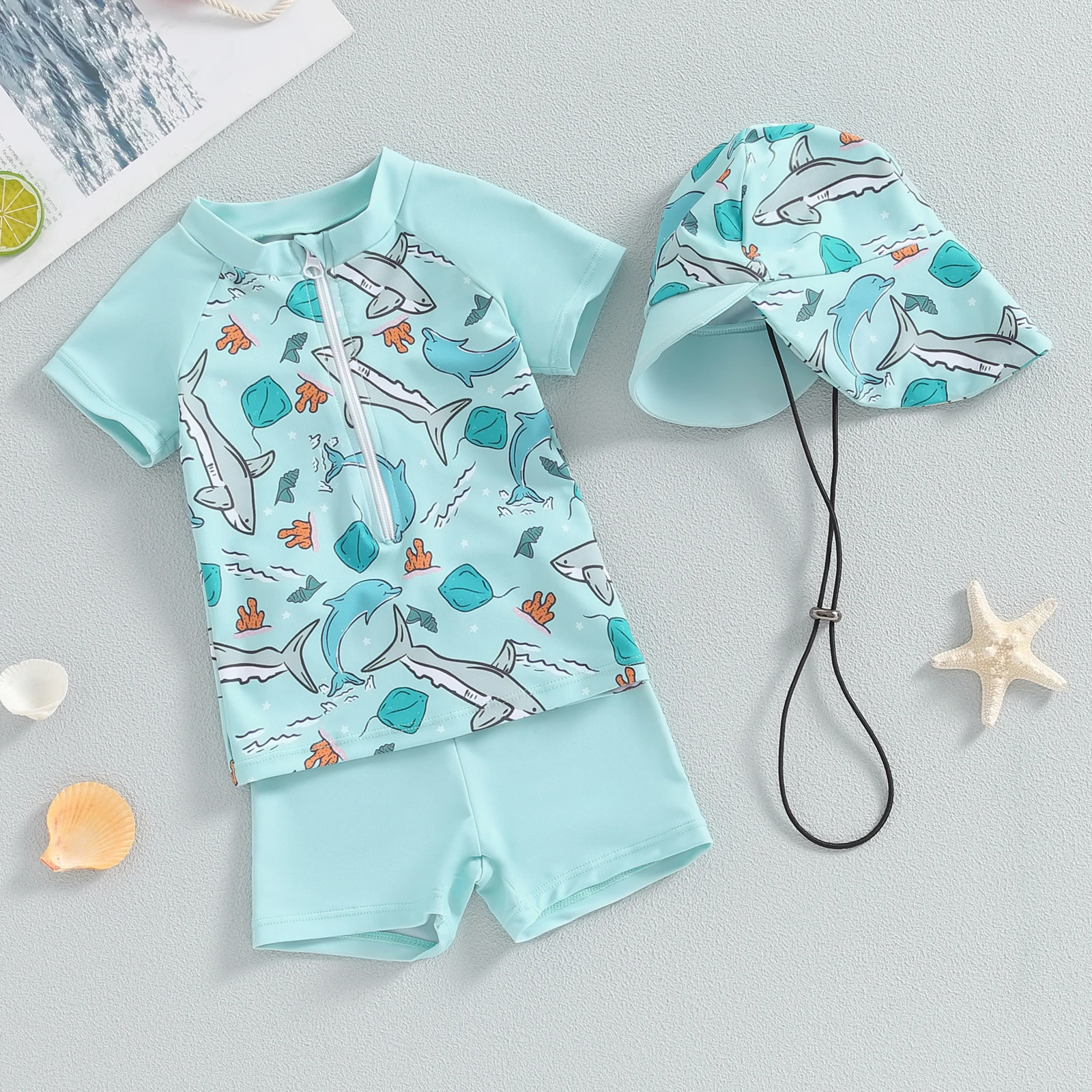 

Baby Boys Swimsuit Set Summer Shark Print Zipper Short Sleeve Rash Guard and Swim Trunks and Hat Swimwear Beachwear