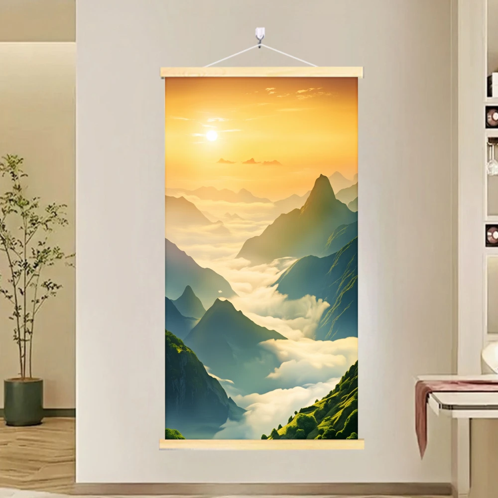 1pcs Wood Scroll Hanger Canvas Painting Poster Prints - Multicolor - Sunset Over Green Mountains Landscape Print - Home Decor