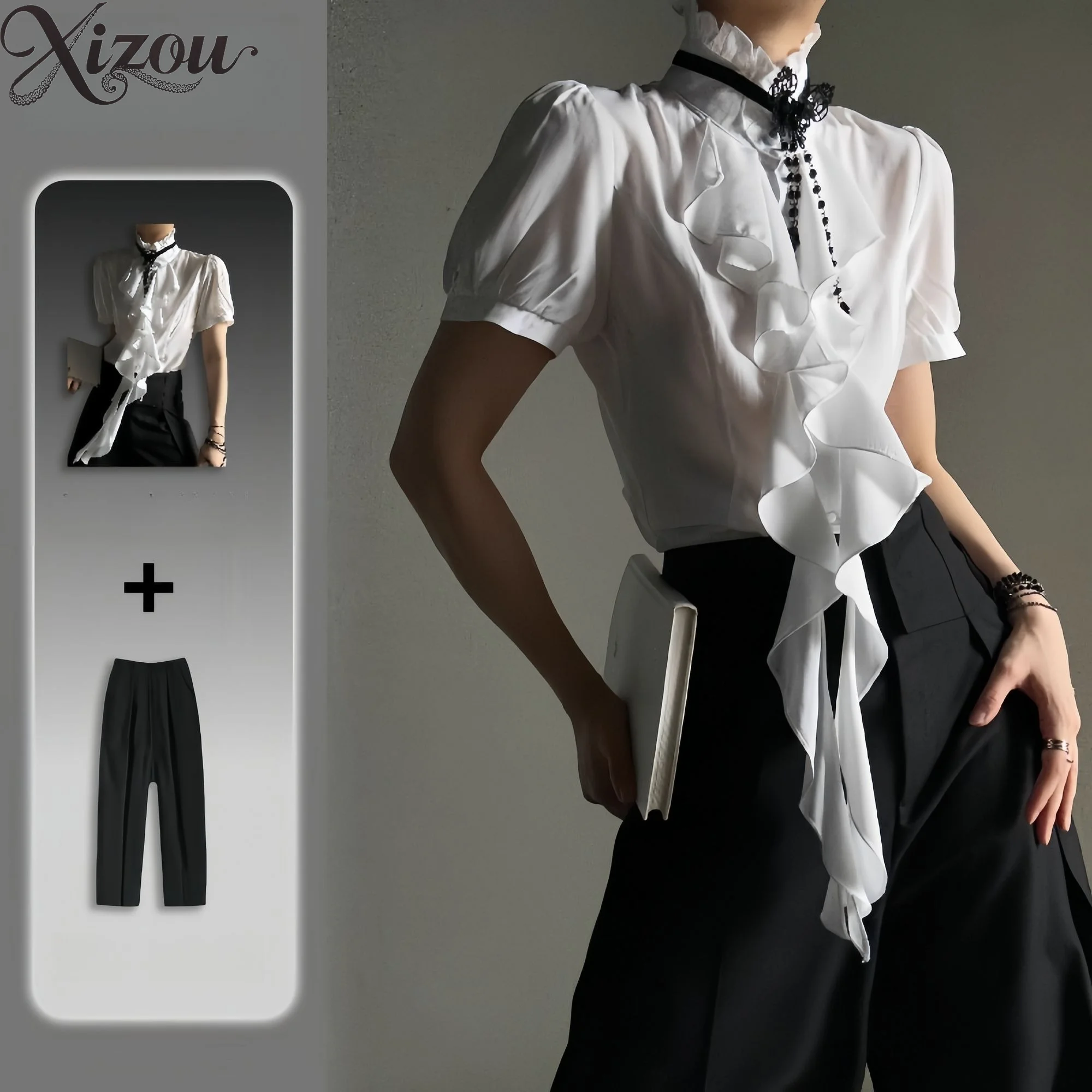 2026 Unisex Vintage Court Style Stand Collar Ruffles Shirt Retro Palace Design Slimming Blouse Neutral Y2k Harajuku Top Autumn