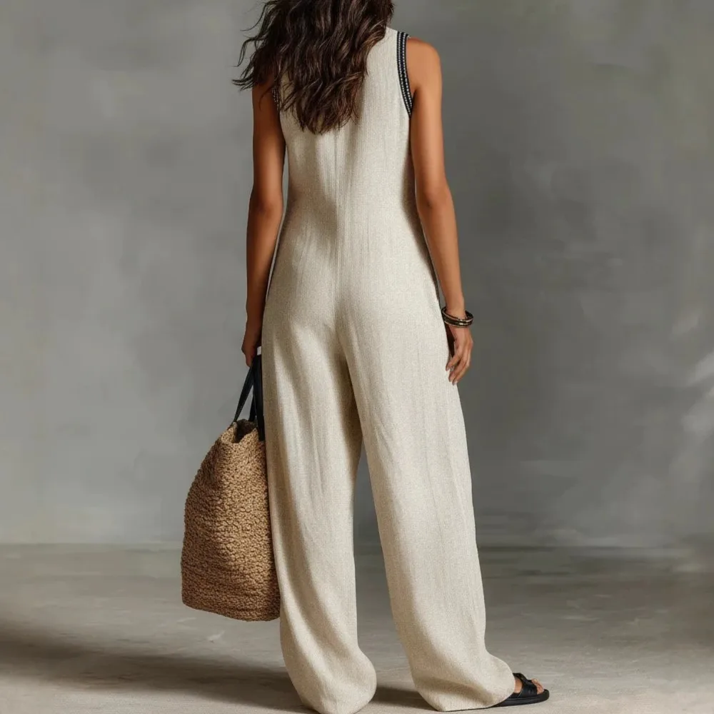 Women's Retro Print Sleeveless Jumpsuits Summer Stand-up Collar With Zipper Casual Rompers Boho Simple Loose Wide Leg Jumpsuit