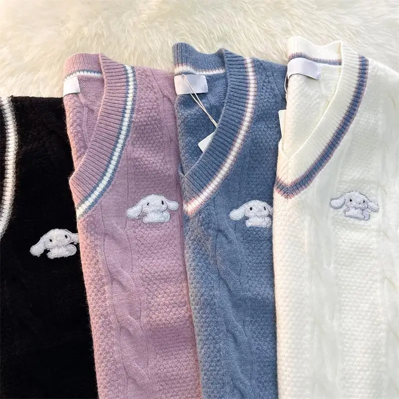 

Japanese Cinnamoroll Jk Vest Anime Sanrios V-Neck Knitwear Preppy Knitted Waistcoat Student Loose Sleeveless Tops Women Clothing