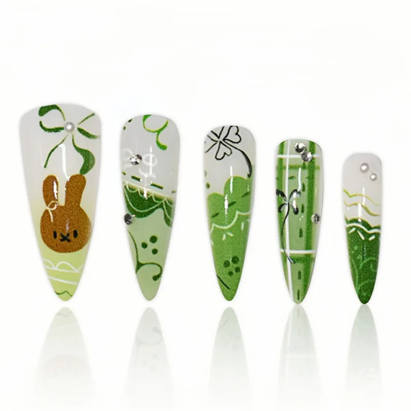 24PCS Sweet Green Flower Almond Press on False Nails Cute Cartoon Rabbit Bow Plaid Stiletto Fake Nails for Women Simple Ins Nail