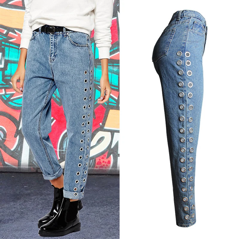 

Женские мешковатые прямые джинсы с заклепками, металлические кукурузные ажурные женские джинсовые брюки, уличная одежда, индивидуальные светло-голубые XS 3xl