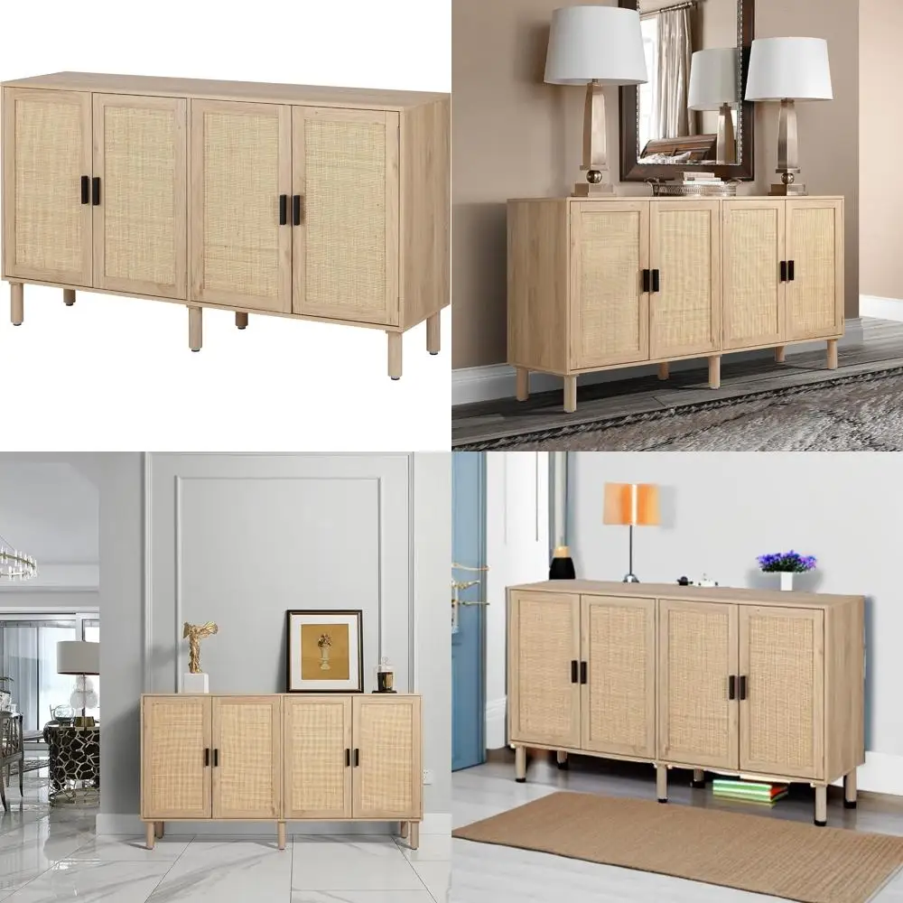 

Rattan-Decorated 4-Door Sideboard Buffet Cabinet for Kitchen Storage and Bohemian Style Console Table
