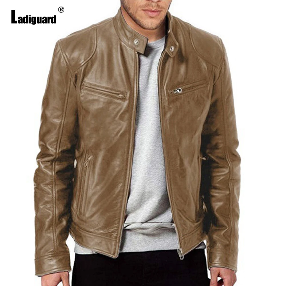 

2025 Europe Style Cool Luxury Jackets Plus SIze 8xl Men's Faux Leather Jackets Mandarin Collar Zipper Pocket Synthetic Pu Coats