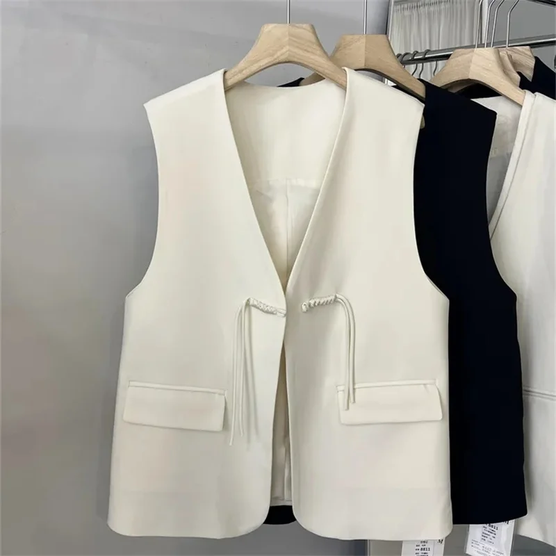 

New Retro One Button Buckle V-neck Short Vest Top Female Sleeveless Jacket Waistc New Chinese Style Suit Vest Women's Spring