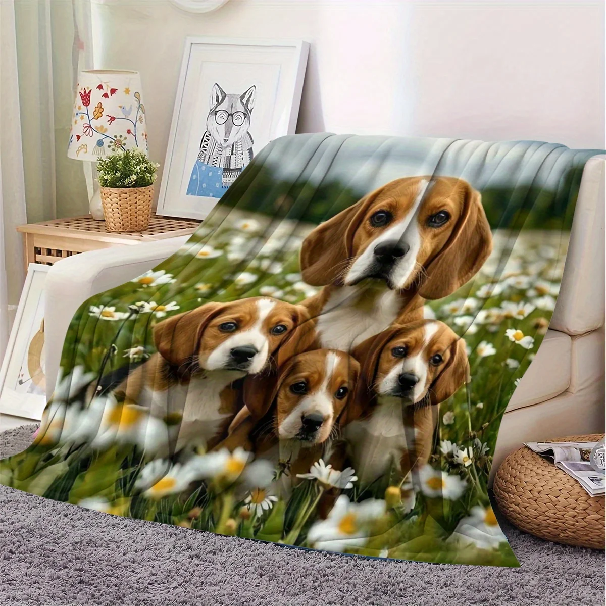 A Soft And Warm Flannel Throw Blanket Featuring a Design of Happy Beagle Family Moments, Perfect for Use on The Sofa, for Home R