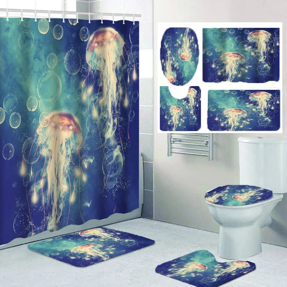 

1/4 Sea jellyfish shower Curtains, Toilet Seat Decoration, Shower Curtain with Carpet and Toilet Lid, 12 70.8x70.8 inch Hooks