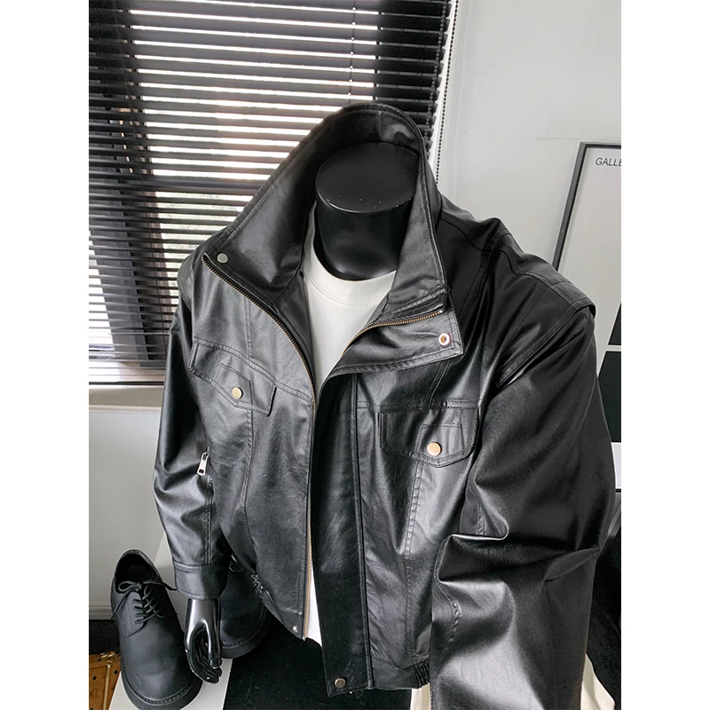 2026 Autumn New Handsome Loose PU Leather Stand Collar Short Jacket Men's Korean High Street Retro Stand Collar Black Jacket