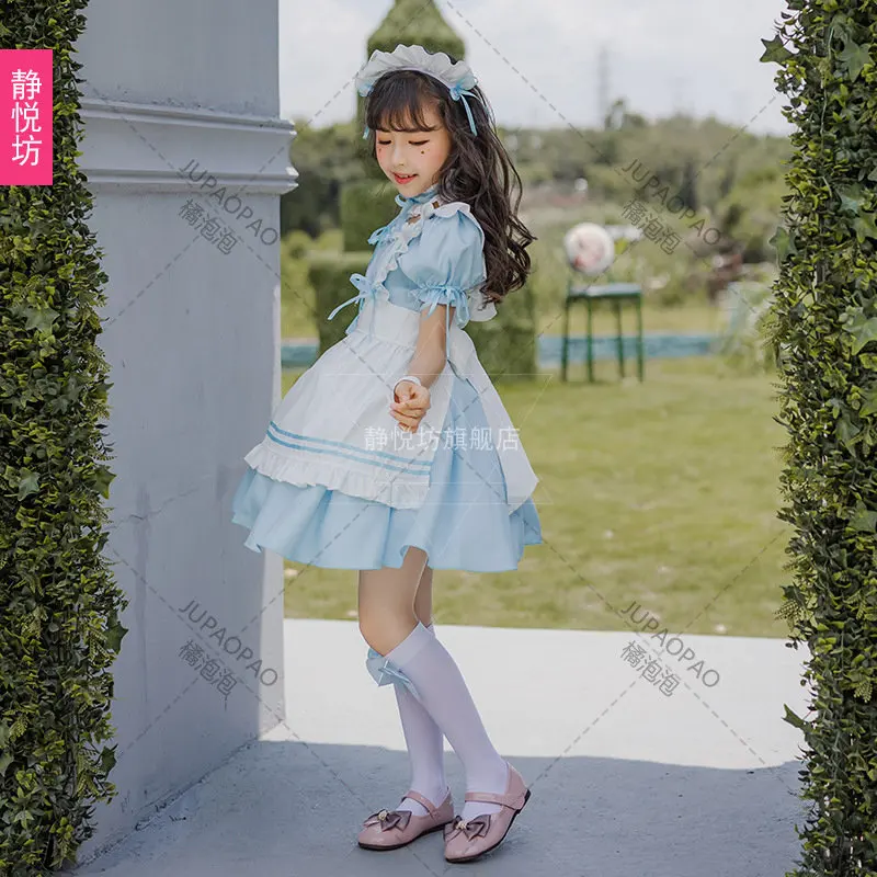 New Kids Lovely Maid Cosplay Costumes Girls Anime Lolita Princess Dress Short Sleeve Ruffle with Headwear Neckwear Suit
