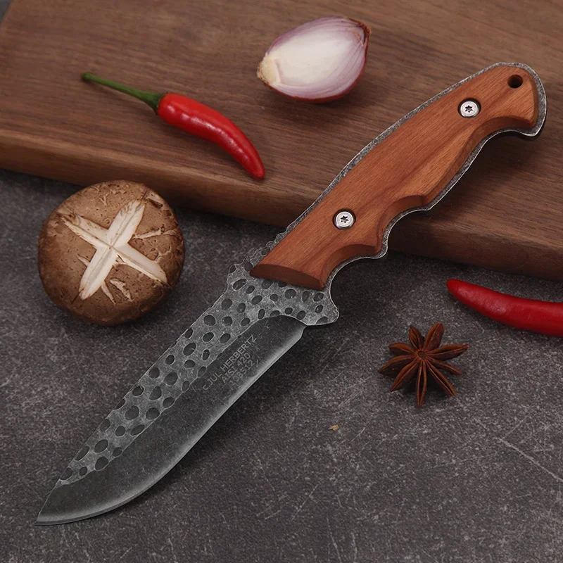 

Outdoor Straight Knife, Stainless Steel Blade, Wooden Handle with Knife Cover, Travel Camping Cutting Tool