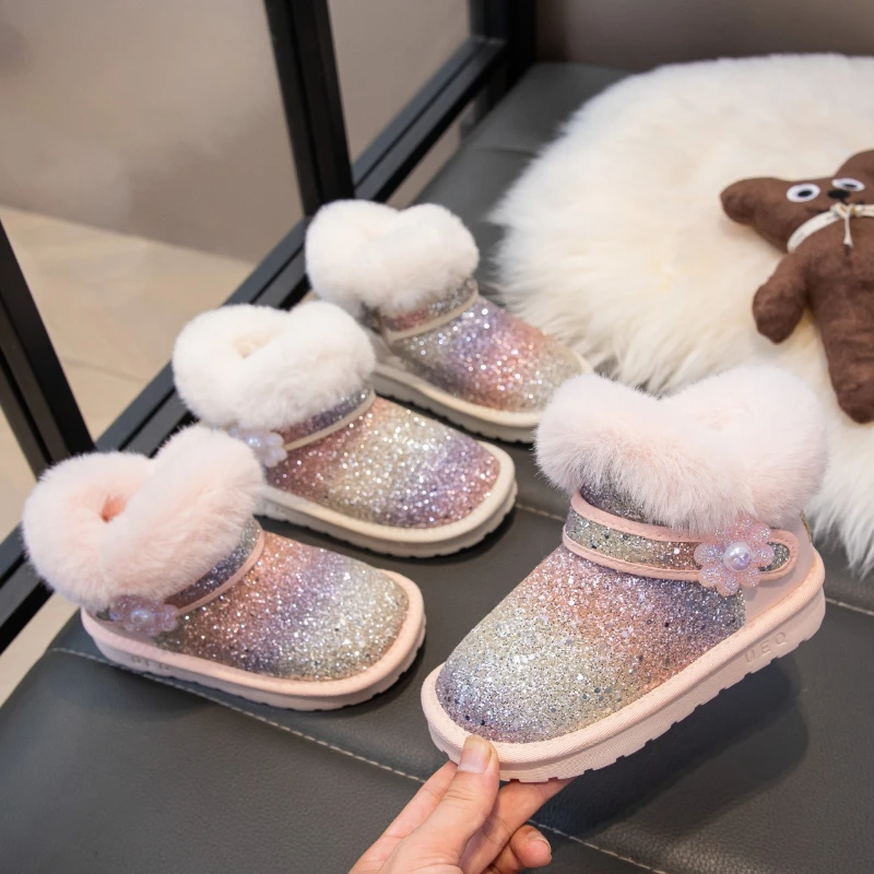 

Зимние сапоги с блестками для девочек, детская зимняя новая детская флисовая теплая уличная обувь на флисовой подкладке, модные хлопковые ботинки принцессы