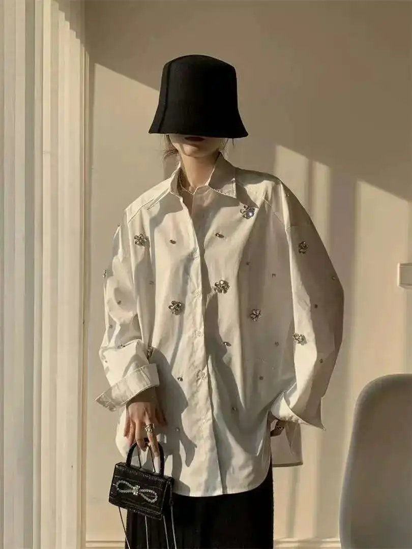 

Spring 2025 Women's Long Sleeve Cotton Shirts Blouse White Office Lady Top Dias New in Spring Collection