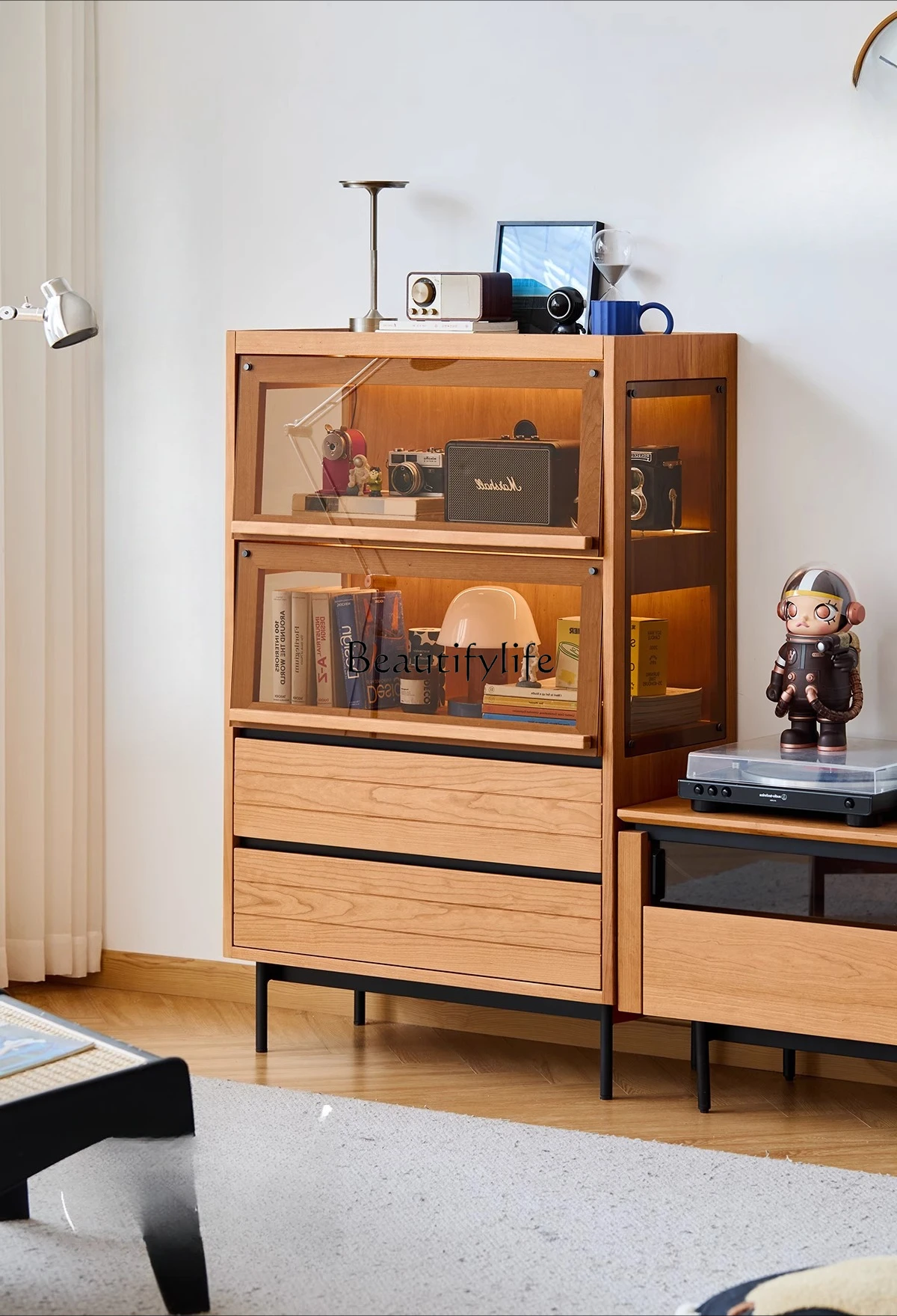 

Solid wood small apartment glass display cabinet living room multi-functional locker