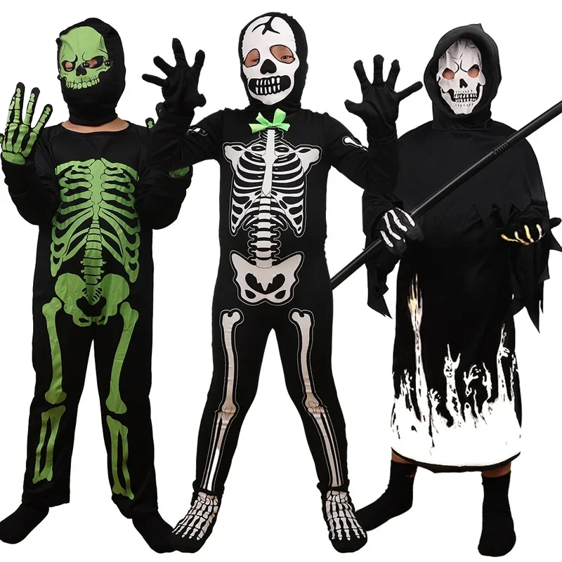 Halloween Kids Spooky Ghost Cosplay Costume Glow in The Dark Clothing Fancy Dress for Carnival Party No Sickle