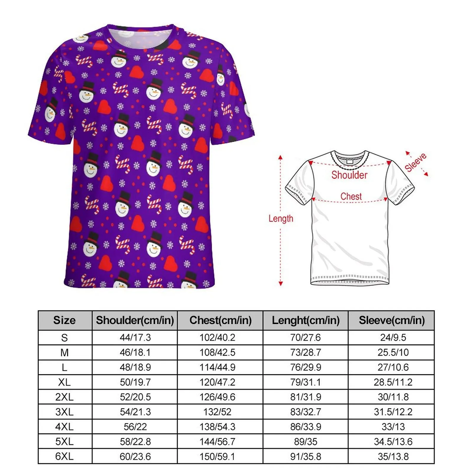 Mens Candy Canes Print T-Shirt Snowflakes Snowman Fashion T Shirts Short Sleeve Graphic Tshirt Summer Casual Plus Size Clothing