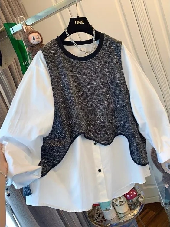 

Loose Fit Irregular Wave Design Vest Top Doll irt Korean Sle Long Sve round Ne Casual Women's Faion