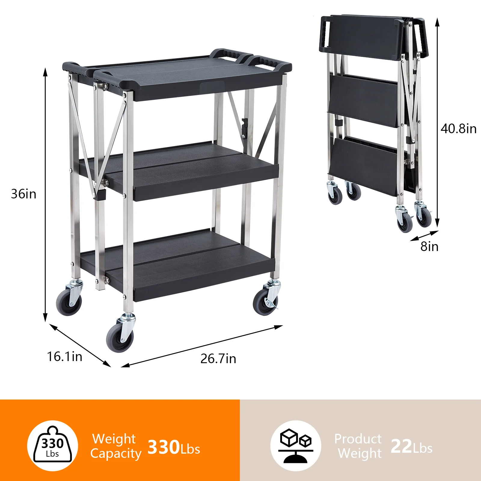 Foldable Service Cart, 3-Tier with Lockable & Silent Wheels, 300 lbs Load Capacity, for Food service, Commercial, Warehouse