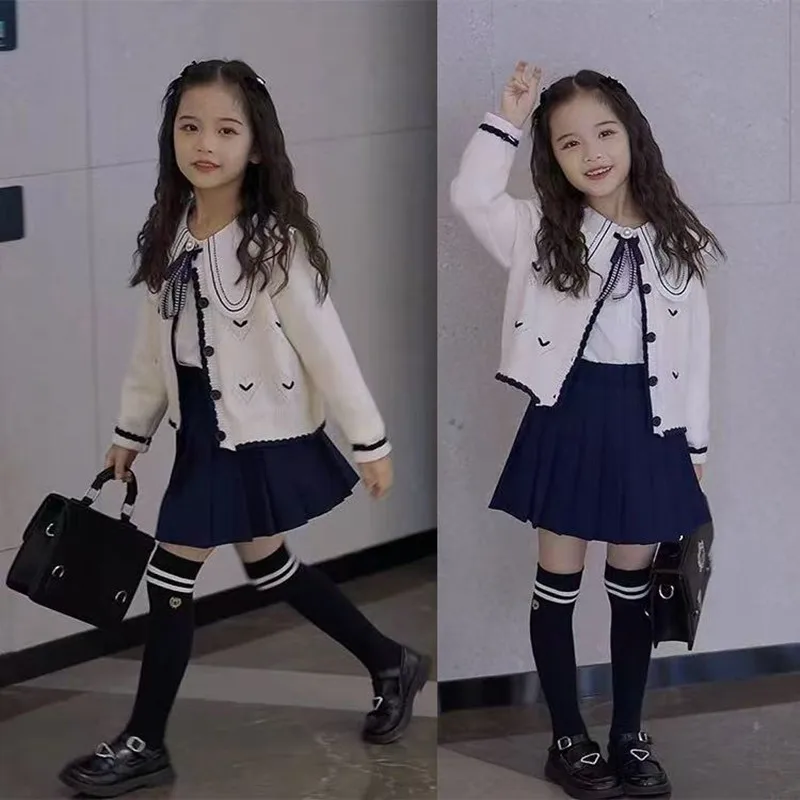 

Girls' College Style Set Children's New Fashionable Knitted Cardigan+T-shirt+short Skirt Three Piece Set