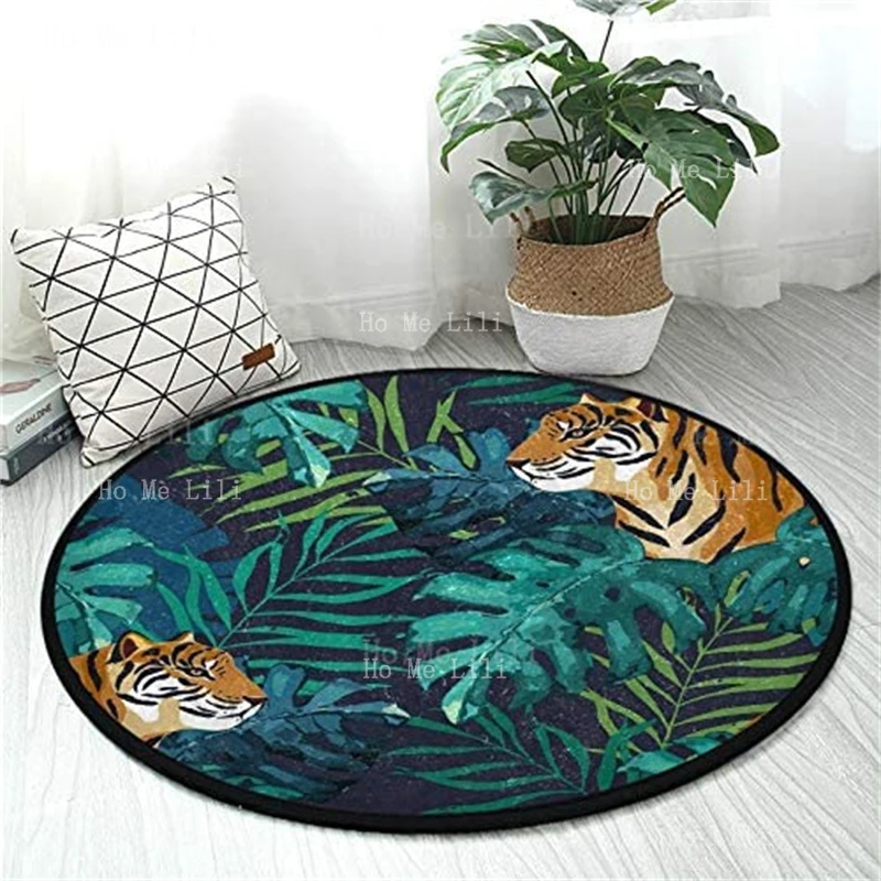 Exotic Palm Leaf And Two Asia Tigers Intersperse Tropical Animal Round Flannel Floor Rugs Dark Green Color Carpet Home Decor