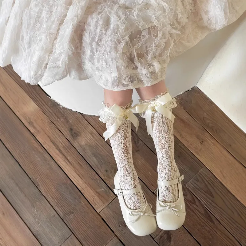 Girls Lace Bow Princess Socks Summer Thin Mesh Mid-Calf Stockings for Kid  Cotton Long Socks Mother Daughter Matching Calf Socks