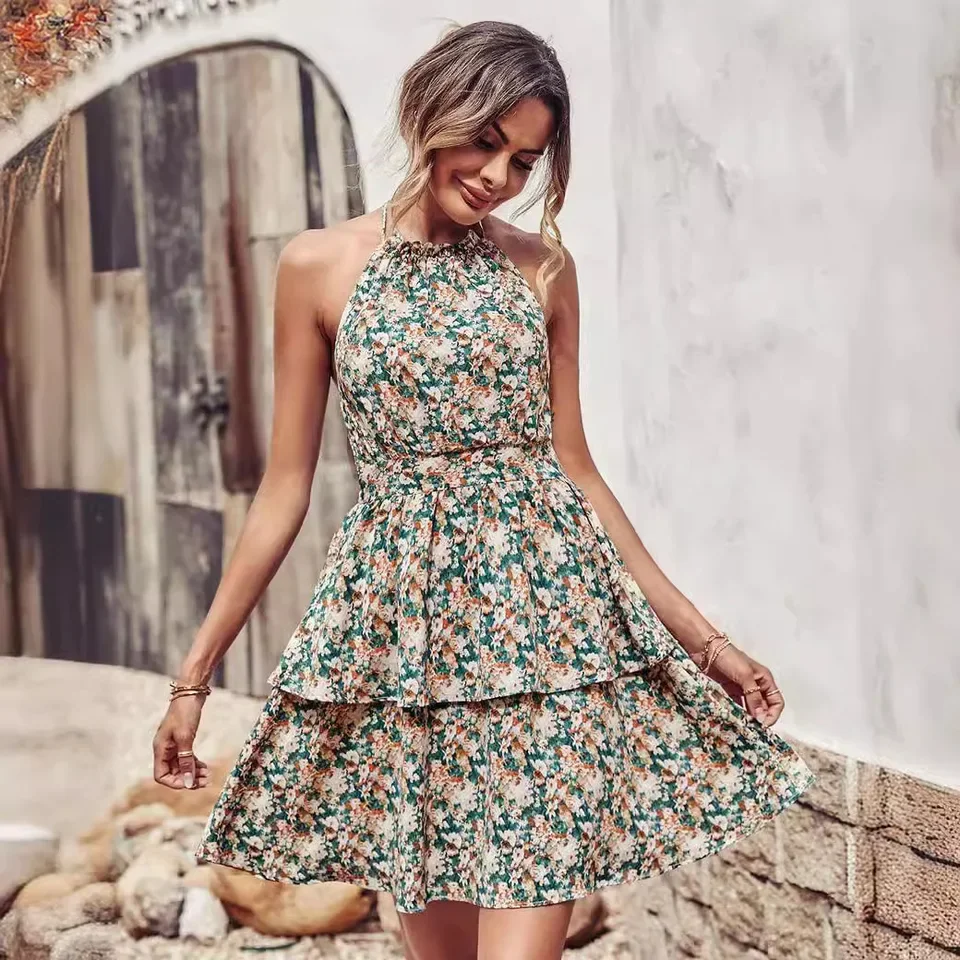 

Women's Sexy Floral Print Dress Fashion 2025 Spring Summer New Halter Neck Robe Femme Open-back Sleeveless Streetwear Clothing